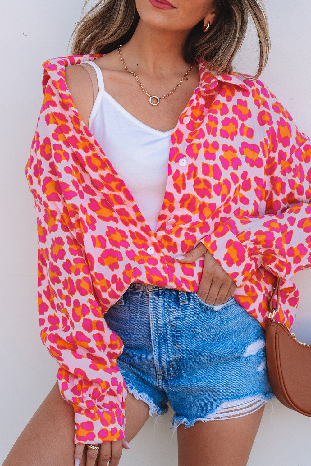 Rose Leopard Printed Button Up Loose Shirt