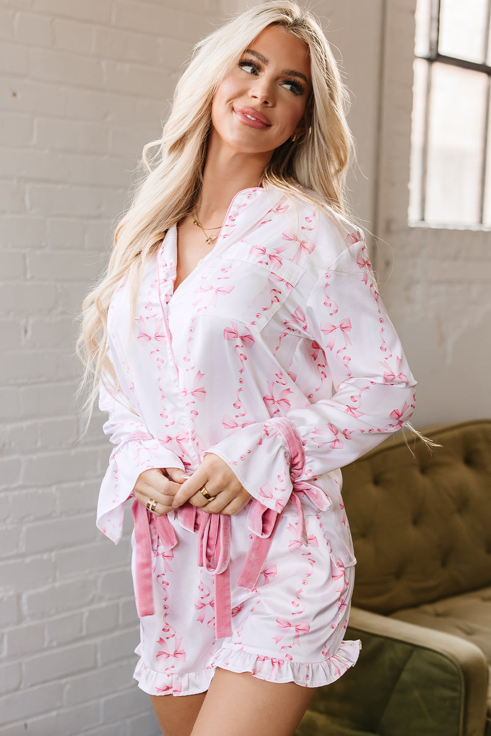 Pink Satin Bow Bell Sleeve Shirt and Ruffled Shorts Pajama Set