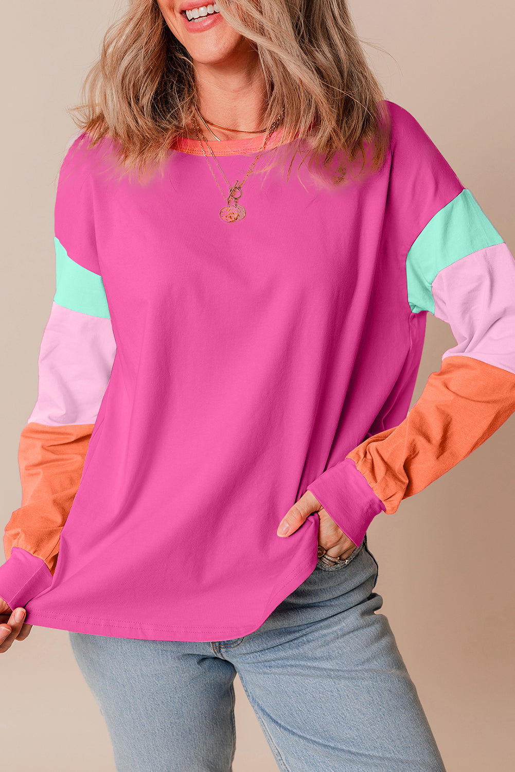 Rose Red Colorblock Patchwork Long Sleeve Loose Top